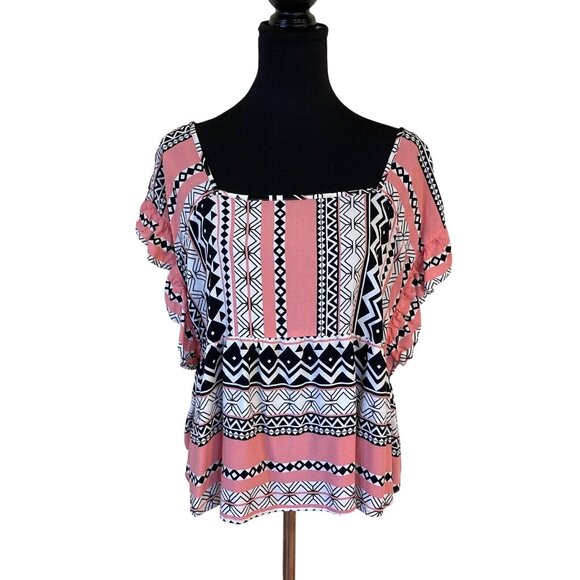 Easel Los Angeles Womens Blouse Pink Short Sleeved Size 2X Geometric Pattern - Picture 1 of 11